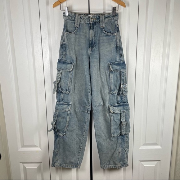 Zara Denim - Zara Barrel Baggy Jeans Women’s 0 Blue Faded Utility Cargo Multipocket Y2K